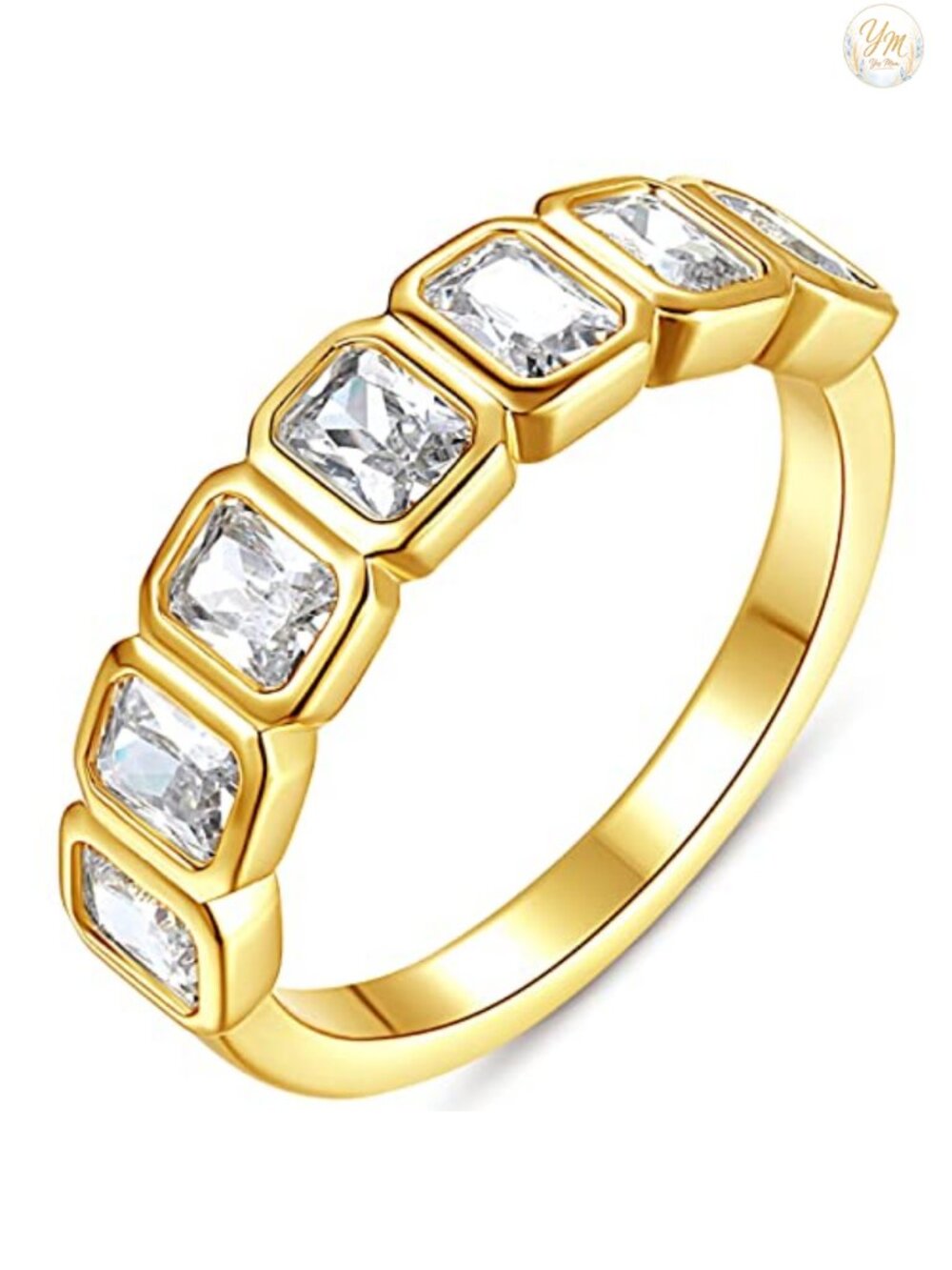 Emerald Cut Bezel Set CZ Halfway Eternity Band 7 Stone Wedding Ring